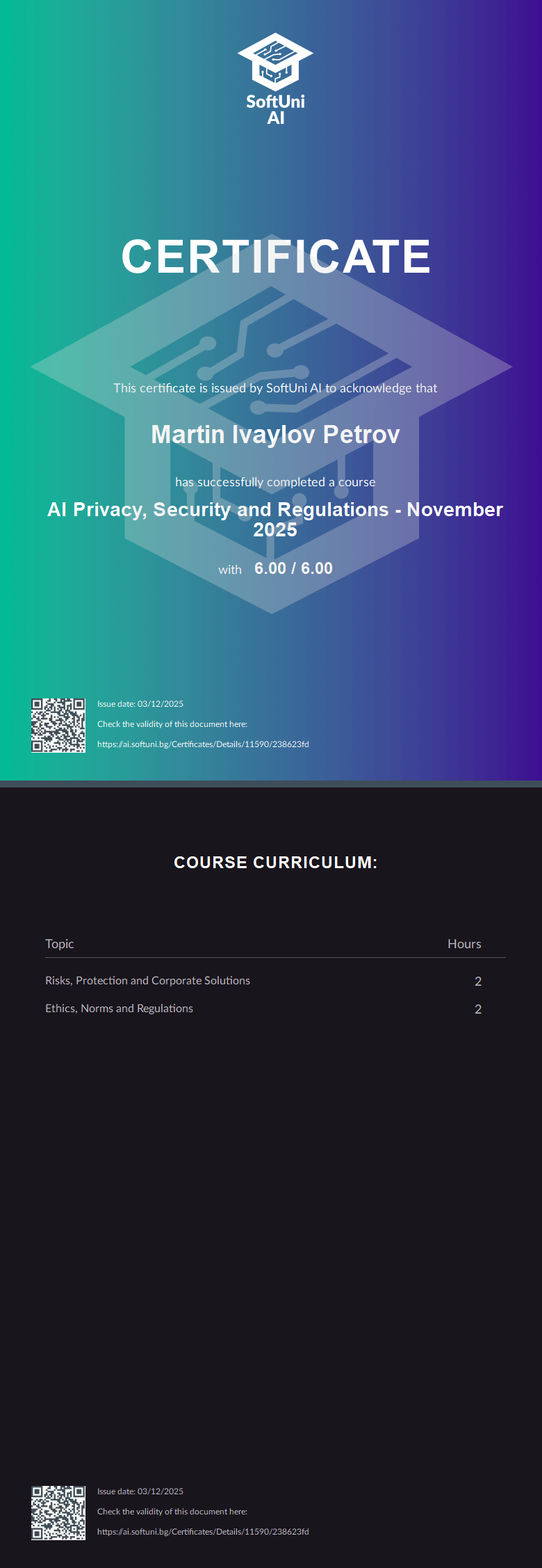 AI Privacy Certificate — Martin Petrov, 6.00/6.00