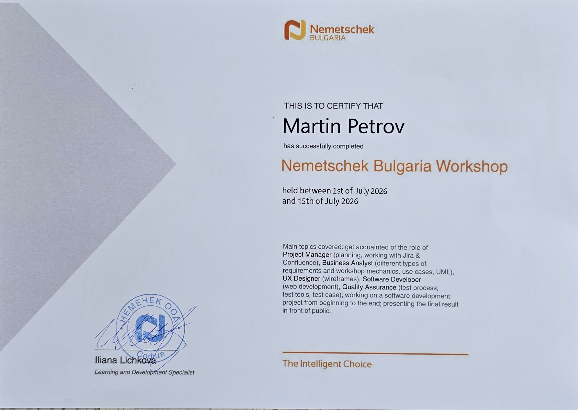 Nemetschek Bulgaria Workshop Certificate